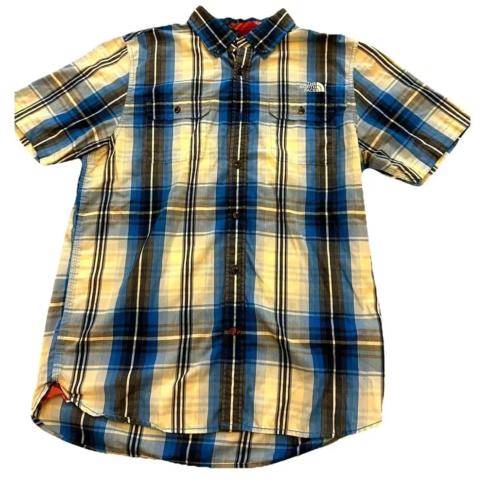 The North Face plaid blue yellow Shirt Men's Large Short-Sleeve western casual
